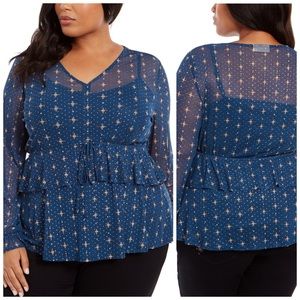 1X 2X Style & Co Blue Ruffle Mesh Overlay Top Plus Size